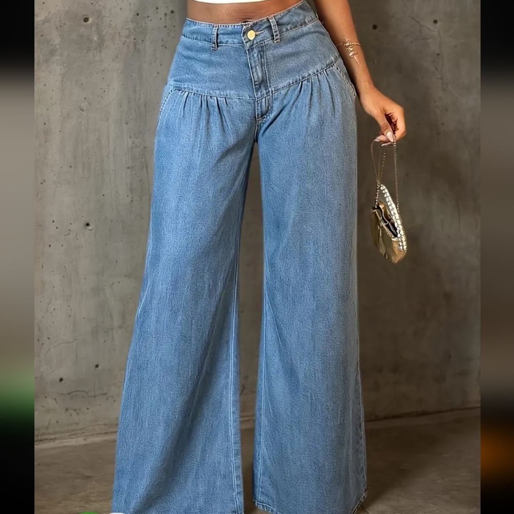 High style gathered yoke wide leg jeans with pockets - Picture 2 of 9